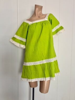 VTG 1960s Neon Lime Green Mexican Pintuck Dress Sz S